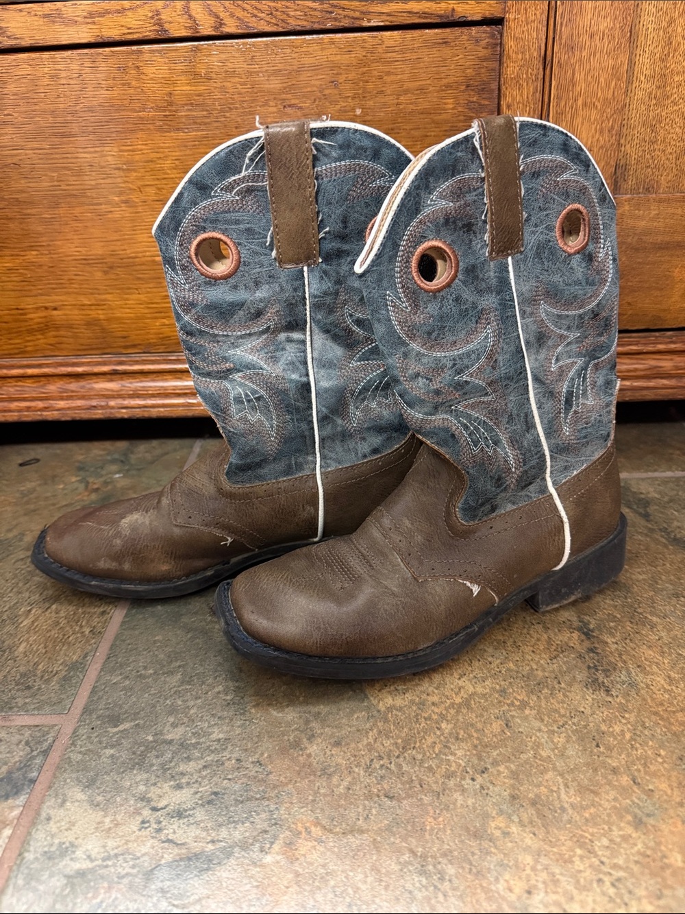 Kids Brown and Teal Roper Pull-On Boots
